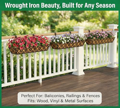 Y&M 4Pcs 30'' Railing Planter Box Set with Coconut Coir Liner, Flower Boxes with Adjustable Brackets, Large Metal Hanging Window Boxes for Fence, Deck, Balcony, and Outdoor Garden - size: Flower 30in 4P