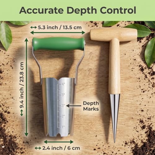 3‑Pack Garden Planting Tool Set, 2 Bulb Planter Transplanters + 1 Seed Dibber, 4 Inch Manual Hand Digging Tools for Tulip Daffodil Bulb Planting, Seedling Transplanting & Seed Sowing for Home Garden