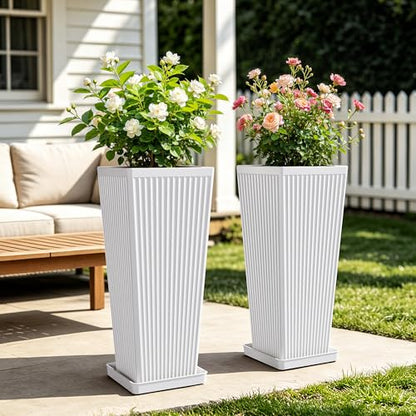 24" Tapered Tall Planters for Outdoor Plants with Tray&Shelf, White - color: White-smooth