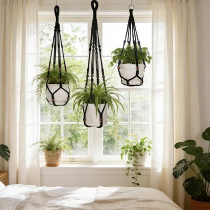 YIBOT Black Macrame Plant Hanger Indoor Hanging Planter Basket - color: Black Wooden Beads, size: 35+29+23Inch