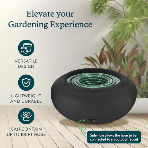 The HC Companies 21 Inch Garden Hose Pot - Durable Lightweight Plastic Decorative Hose Pot for Yard, 100-Foot Capacity Hose Storage, Black - color: Black