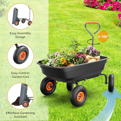 VINGLI Dump Cart Wagon, 440LBS Quick-Release Dump Wheelbarrow, All-Terrain 10" Tires Garden Wagon for Yard, Lawn and Outdoor Use (Black) - color: Black