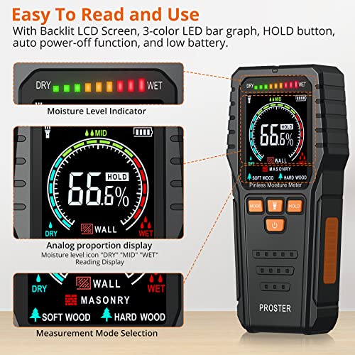 Proster Pinless Moisture Meter 3/4" Depth Color Alarm Non-Destructive