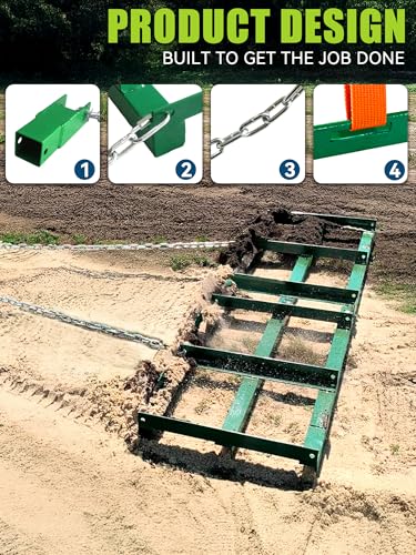 6ft Heavy Duty Drag Harrow for ATV, UTV, Tractor - Adjustable Tow Behind Leveling Rake with Weight Tray for Driveway Grader, Lawn, Field, Pasture, Food Plot Maintenance, Green(72 inch) - size: 6 ft