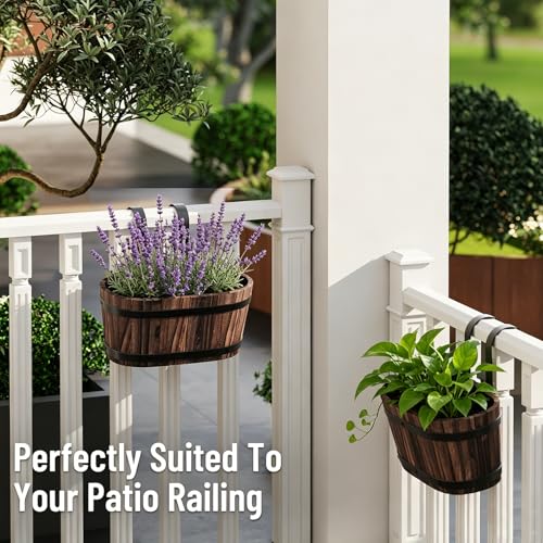 2-Pack Hanging Flower Pots with Drainage Holes, Wooden Railing Planters - color: Carbonized-2pcs, size: Small