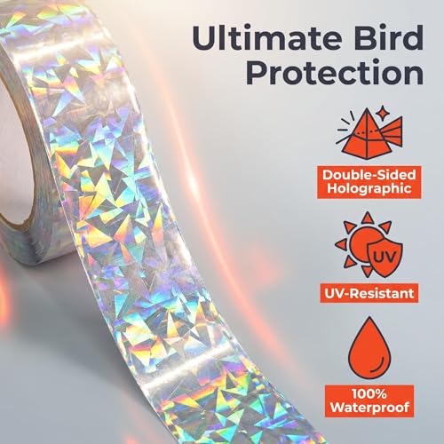 Laser Bird Scare Reflective Tape, 262ft Double-Sided Holographic Ribbon for Outdoor Garden Farm Orchard, UV-Resistant Waterproof Bird Repellent Deterrent for Sparrows Woodpeckers, Easy DIY Install
