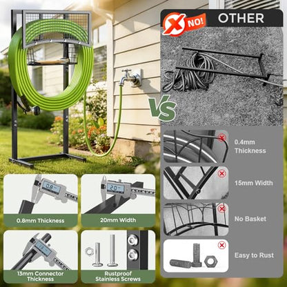 Garden Hose Holder Freestanding with Storage Basket, Holds Up to 165FT Hose, Heavy Duty Metal Water Hose Holder with 4 Anchor Spikes, for Yard, Lawn & Patio - color: Black