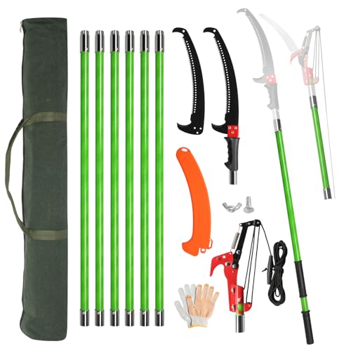 Outvita Manual Pole Saw, 26 Feet Extendable Tree Pruner with Knives and Storage Pocket, Sharp Steel Blade and Scissors High Branches Trimming for Pruning Palms and Shrubs - color: Green, size: 26 feet