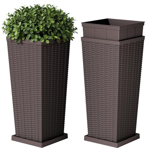 Devoko Resin 30'' Tall Planters, Large Taper Outdoor Planter - color: Brown, size: 30" With Trays