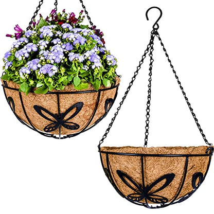 Metal Hanging Planter Flower Basket with Coco Liner for Plants Outdoor Garden Decoration Porch Decor Watering Pot Indoor - Butterfly Pattern, 12 Inch, 2 Pack