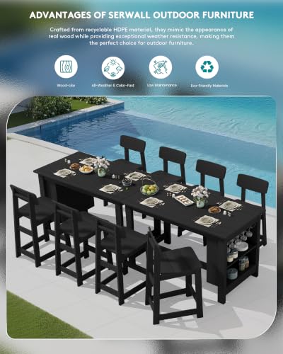 SERWALL 3-Piece Outdoor HDPE Counter-Height Bar Set with 2 Stools, Black - color: Black, size: 3 Piece Bar Set