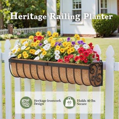 VOXOR Railing Planter Boxes, 30 Inch Window Boxes Planters, Balcony Planters with Adjustable Brackets & Coco Liner for Outdoor Fence, Deck, Porch, and Patio Gardening, 3 Pack - size: 30 Inch