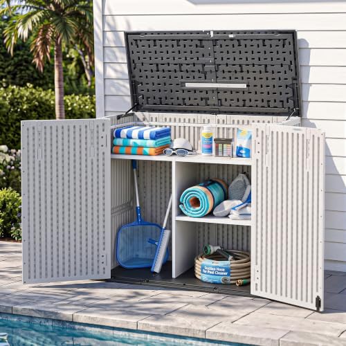 Macrout 32 Cu.Ft Small Plastic Outdoor Storage Cabinet with Shelves, 4.5 x 2 ft Waterproof Resin Outdoor Storage Shed with Floor, Lockable Horizontal Shed for Garden and Patio ST2135 - size: Small