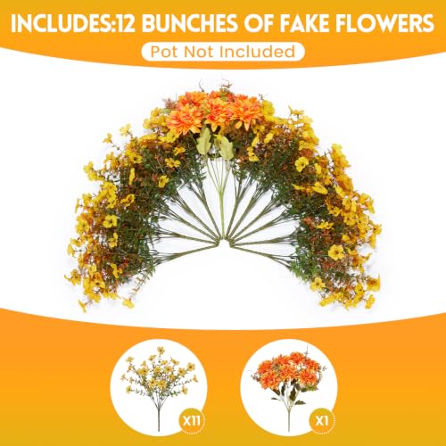 Hrobek Artificial Mums for Outdoors Planter Silk Fake Flower for Fall Decor - color: 2 Color Mixed (1 Orange Dahlia,11 Yellow Mums)
