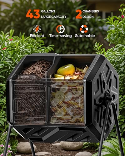 THE Growing 43 Gal Outdoor Compost Bin Tumbler for Backyard Garden, Black - color: Black