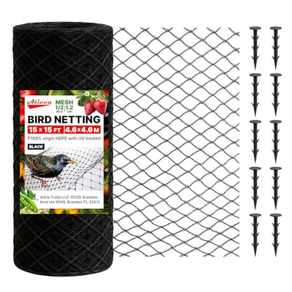 ATICCA 15 x 15 FT Heavy Duty Bird Netting for Garden, 10 Stakes, Black - size: 15x15 Bird Netting