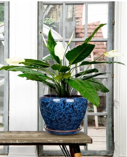Hollyone 9+7 Inch Ceramic Planter Set of 2 Blue Ceramic Plant Pot for Plants Flowers with Drainage Hole and Saucers Ceramic Glaze Round Plant Pot Indoor Outdoor Large Succulent Orchid Flower Pot - size: 7 and 9 Inch (Set of 2)