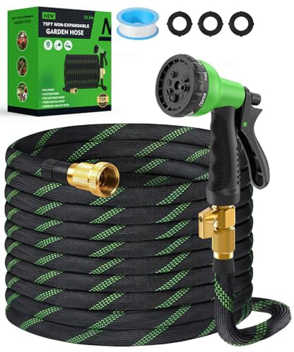 75ft Garden Hose，Non-Expandable Water Hose with 8 Function Spray Nozzle, Burst-Resistant，Kink-Free，Lightweight，Durable & Flexible 3/4" Garden Hose for Gardening, Yard，Lawn, Car Washing - size: 75ft-1
