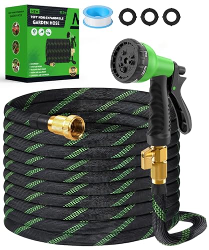 75ft Garden Hose，Non-Expandable Water Hose with 8 Function Spray Nozzle, Burst-Resistant，Kink-Free，Lightweight，Durable & Flexible 3/4" Garden Hose for Gardening, Yard，Lawn, Car Washing - size: 75ft-1