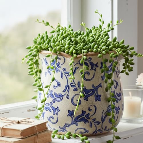 Retro Distressed Ceramic Pots, Antique Crackle Glaze Planters w/ Drainage - color: Blue Swirls