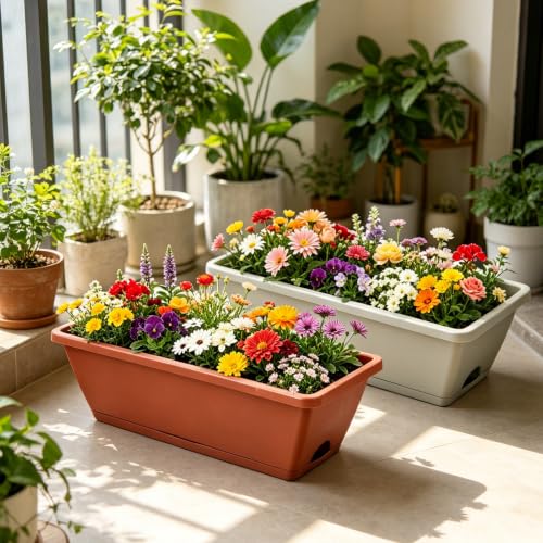 12 Pack Window Box Planter Rectangular Vegetable Flower Planters with Drainage Holes Saucers Plastic Flower Pots Planter for Indoor Outdoor Patio Garden Decor