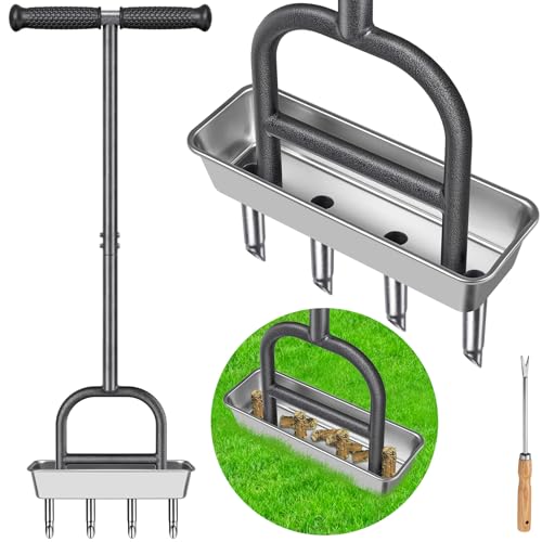 Lawn Coring Aerator Tool, 4 Core Stainless Steel Manual Aerator - color: Coring Aerator with Storage Tray
