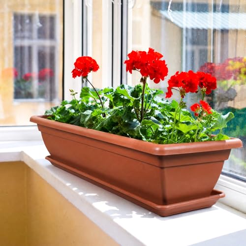 6 Pcs 31 inch Window Box Planter, Large Rectangular Plastic Flower Pot with Tray, Suitable for Indoor & Outdoor Gardens, Balcony and Home Decor (6)