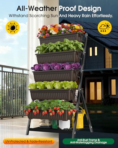 5-Tier Vertical Garden Bed Planter Boxes with Drainage System & Storage Space, Freestanding Vertical Garden Planter with 5 S-Hooks for Plants Vegetables Flowers Herbs in Garden Patio Yard - style: without wheels