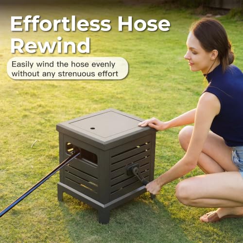Relhost Hose Reel, Heavy Duty Metal Deck Box Hideaway Holds 125 ft x 5/8" Hose, Garden Hose Reel with Never-Leak System, Manual Crank Handle, Hose Guide, Ideal for Yards, Patios, and Garden Sheds - color: Grey, size: 125FT
