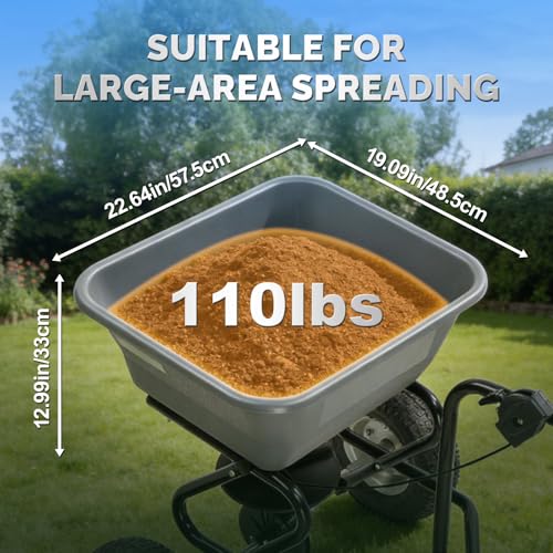 VINGLI 110lbs Fertilizer Spreader Tow-Behind with 10 Adjustable Drop Rate, with 11.4" Tire for Multi-Terrain, Broadcast Spreader for Lawn Care & Seed Spreading