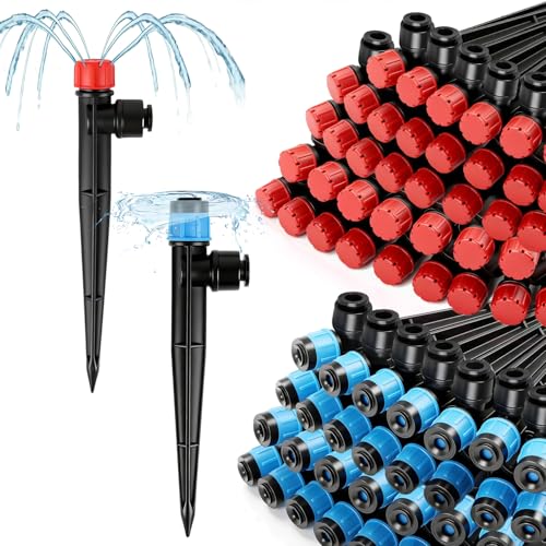RedChili 40 Pieces Push to Fit Drip Emitters for 1/4" Drip Irrigation Tubing, 20 Pcs Vortex Emitters and 20 Pcs Stream Emitters Adjustable 360 Degree Full Circle Drip Emitters with Stake - size: 40P PushEmitters(Mix)