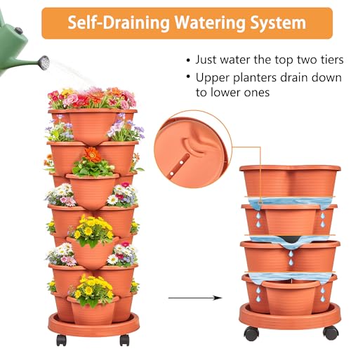 VECELO 7 Tier Vertical Garden Planter, Self Watering Stackable Planters with Wheels for Strawberries, Herbs, Flowers, Vegetables, Red - color: Red, size: 7 Tier