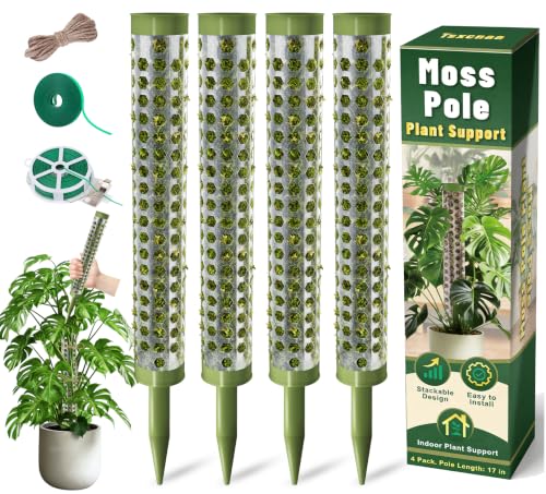 Moss Pole Monstera Plant Support 55 Inch, Stackable Sphagnum Moss Poles Sticks for Climbing Plants Indoor 4 Packs 17 Inch Plant Stakes for Garden Potted Plants, Pothos, Philodendron, Green