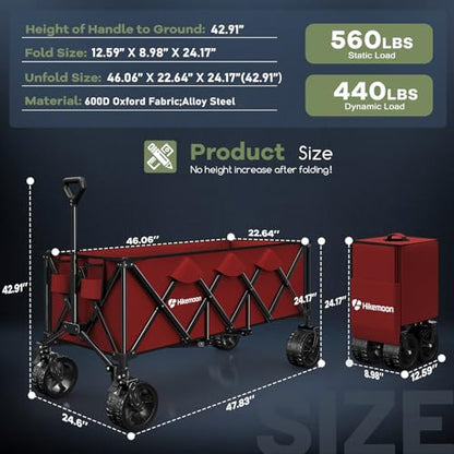HIKEMOON 48'' Extra Large Collapsible Wagon with Big Wheels, 300L Red - color: Burgundy