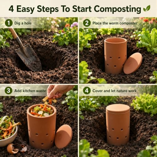 3 Pcs 10" Terracotta Inground Worm Composter Bulk Outdoor Garden