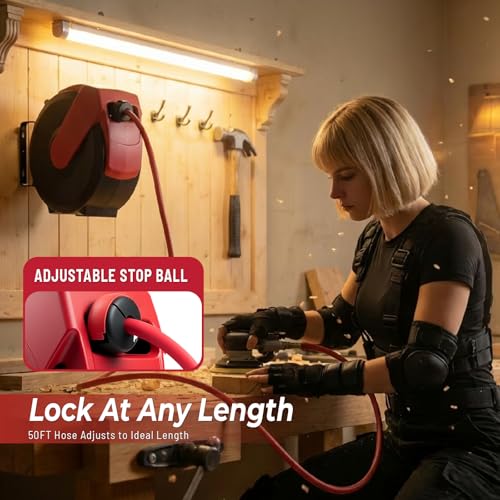 Retractable Air Hose Reel, 50ft x 3/8" Hybrid Air Hose Max 300PSI, Air Compressor Hose Reel, Auto Rewind & 180° Swivel - Wall/Ceiling Mount for Workshops