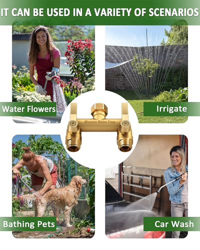 Hose Splitter 2 Way Heavy Duty, Solid Brass Full Flow Outdoor Faucet and Garden Hose Splitters, Water Spigot Splitter T Adapter, All Metal Water Connector with Shut-Off Valve, 3/4 - Inch GHT Thread - style: Brass 2 way