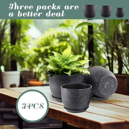 10/9/8 inch Plant Pots, 3 Pack Plastic Flower Pots Modern Flower Pots with Drainage Holes and Trays are for Indoor and Outdoor Plants, Herbs and Flowers,Black Speckles - color: Black