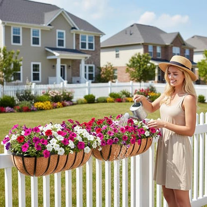 EIMQUVW 2 Pack Adjustable Railing Planter Brackets Heavy Duty Window Box Holders for Metal Hanging Flower Baskets Fits Decks, Balconies, and Railings