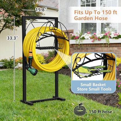 Skypatio Garden Hose Holder with Basket, Metal Water Hose Holder Holds 150ft Hose, Freestanding Hose Storage Stand with 4 Stakes, Rust-Resistant Heavy Duty Hose Hanger for Outside