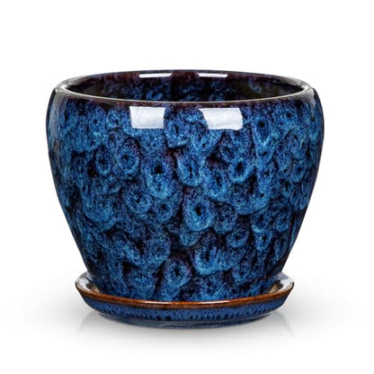 Hollyone Ceramic Planter Blue Ceramic Plant Pot for Plants Flowers 5.5 inch with Drainage Hole and Saucers Ceramic Glaze Round Flower Plant Pot for Indoor Outdoor Round Succulent Orchid Flower Pot - size: 5.5 Inch (Single)