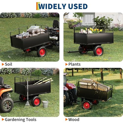 750 LBS Capacity ATV Trailer Tow Behind Steel Dump Cart | 17 Cubic Feet Heavy Duty Steel Utility Trailer with Removable Sides & All-Terrain Tires | for Lawn Tractor, ATV, Garden Mower