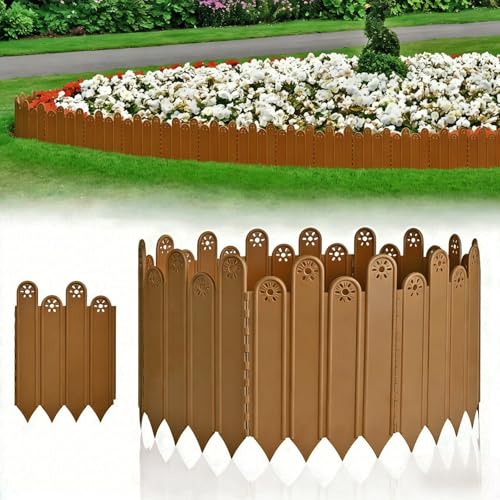 10 Pcs Brown Garden Edging Borders, 11.8 inch Tall Landscaping Edging, Total 7ft Interlock Decorative Garden Fences, Plastic Edging No Dig Lawn Edges Flower Beds Barriers, for DIY Patio Pathway Garden - color: Brown-Height 11.81"