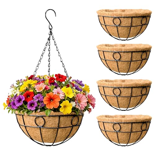 EIMQUVW Outdoor Hanging Planter(4-Pack) Black Metal Hanging Baskets with Coconut Fiber Lining 16 inch Round Chain Flower Pots for Patio Garden Greenery Decoration - size: 16 Inch, style: Circular