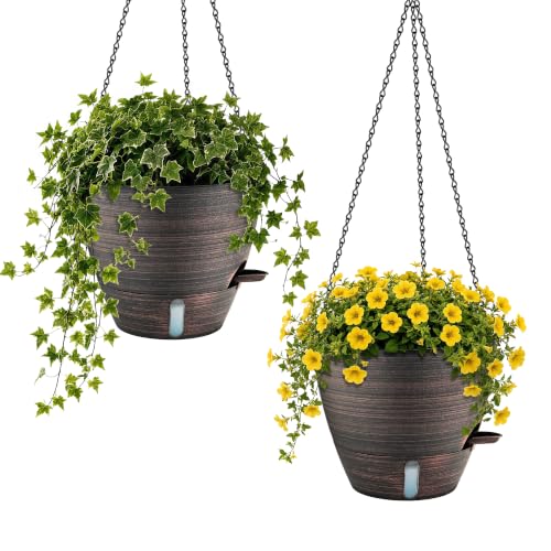 ZMTECH 12 Inch Self Watering Hanging Planter, 2 Pack Bronze Finish Hanging Basket Plant Pot with 60 Oz Removable Reservoir & Water Level Indicator for Indoor Outdoor Plants - color: Bronze-12"×2, size: 12 Inch - 2 Pack