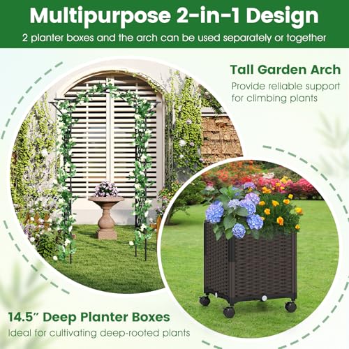 IRONMAX 8.2FT Metal Garden Arch with Planters, Arbor for Climbing Plants - size: 82" x 16" x 99"