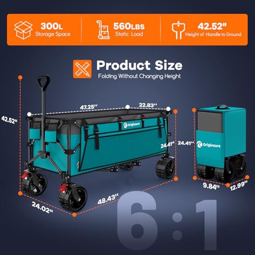 Originsure 300L Foldable Beach Wagon Cart with Big Wheels,560lbs,Turquoise - color: Grey&turquoise