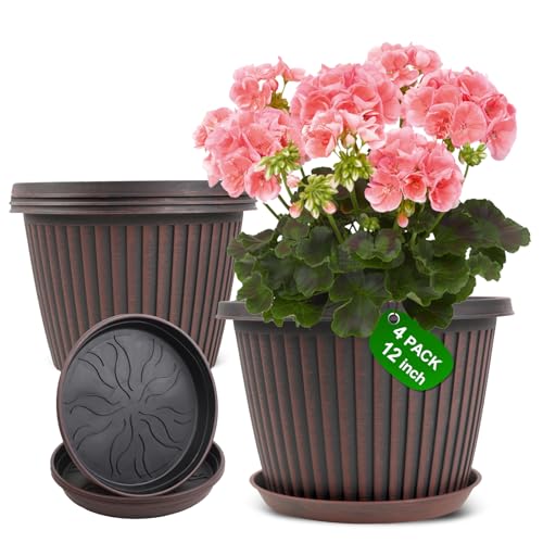 Large-Planter-Indoor-Outdoor Plant Pots, 12 inch 4 Pack Plastic Flower Pots with Saucer And Drainage Holes, Modern Garden Planters For Planting Medium Large Plants， Decorative Resin Garden Pots - color: Red Brown, size: 12 Inch