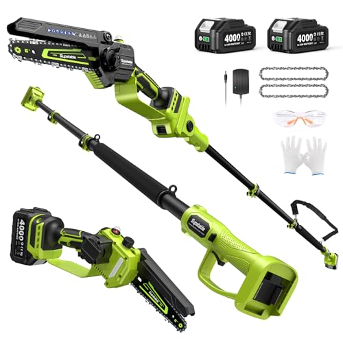 Electric Pole Saw, 6-Inch Cordless Mini Chainsaw with Extension Pole, Extendable to 16 ft, 2x4.0Ah Batteries, Tool-Free Chain Tensiong, Electric Pole Chainsaw for Tree Trimming & Thick Branch Cutting - color: ‌pale Green