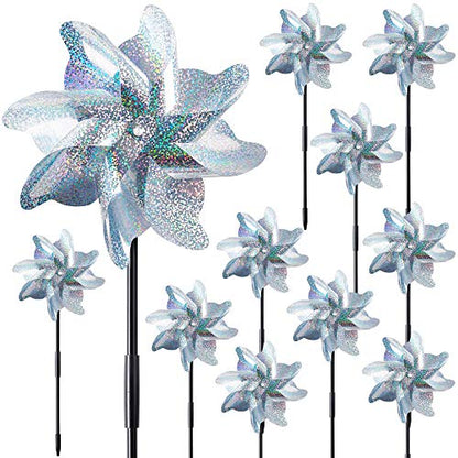 NOVWANG 16 PCS Reflective Pinwheels with Stakes, Extra Sparkly Pinwheels for Yard and Garden Pinwheels Bulk, Bird and Animal Deterrent Device to Scare Birds Away from Patio(Silver)